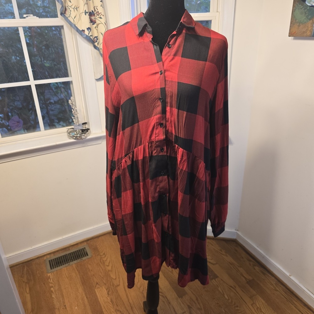 J For Justify Red Black Plaid Shirt Dress XL‎ Long Sleeve Button Up Casual Fall